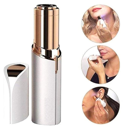 Woman using facial hair remover on upper lip area, cheek and chin