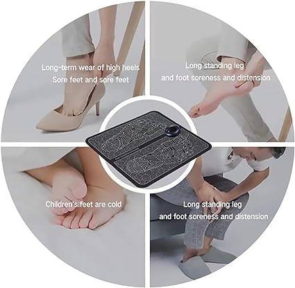 Person using EMS foot massage mat at home for relaxation