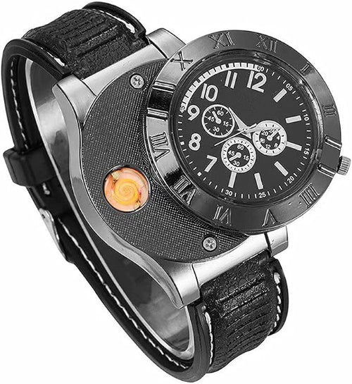Men's military-style USB lighter watch with digital display