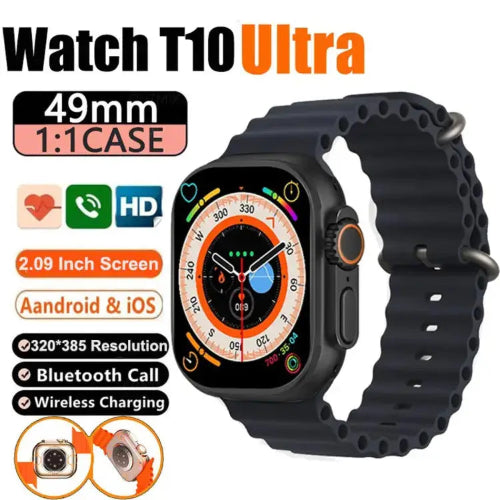Smartwatch T10 Ultra with 2.09-inch HD screen, 49mm case, Bluetooth call, wireless charging, and Android & iOS compatibility.