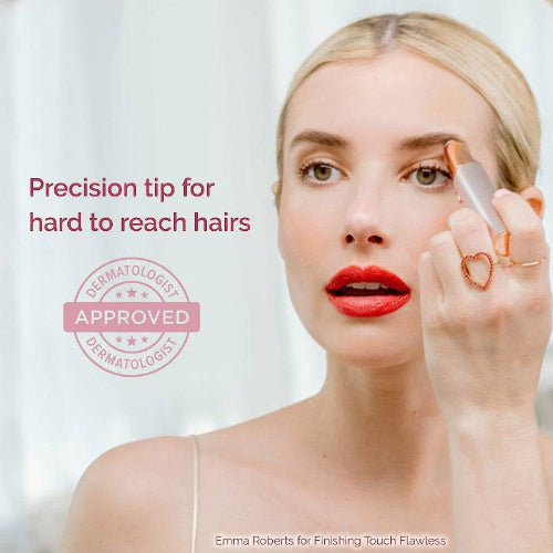 Woman applying makeup with a precision tool, featuring a dermatologist-approved badge.