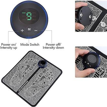 Person using EMS foot massage mat at home for relaxation