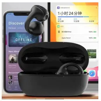 Calus CW10 Wireless Earbuds displayed with mobile devices, demonstrating Bluetooth connectivity and compact charging case design.