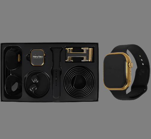 Haino Teko GP-21 Smartwatch combo set featuring AMOLED display watch, black strap, belt, sunglasses, earbuds, and gold buckle for men.