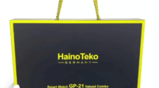 Haino Teko GP-21 smart watch with charging cable and box contents
