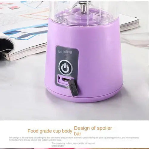 Purple juicer with power button on a white surface