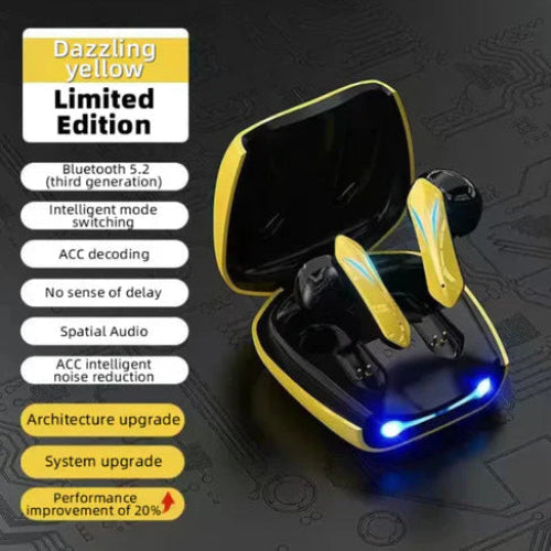 Wireless Earbuds Gaming Earphone with LED display, Bluetooth 5.2, and ACC noise reduction features.
