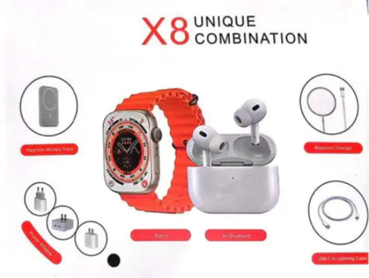 X8 3-in-1 smartwatch with multifunctional design and charging case