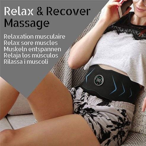 Woman relaxing with belly fat belt on, showing massage function for recovery.