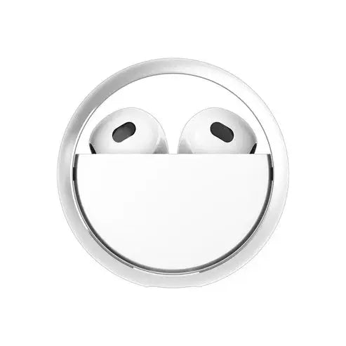 Wireless earbuds in a silver case on a white background