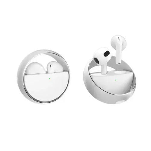 Wireless earbuds with charging case on a white background