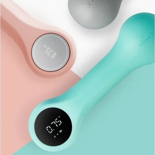 Compact smart dumbbell with connected fitness features, ideal for strength and cardio training