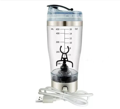 Transparent Electric Protein Shake Stirrer Cup with measurement markings and USB charging cable, perfect for fitness and kitchen use.