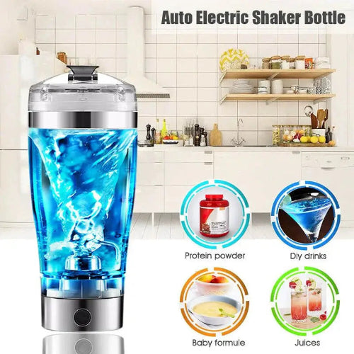 Electric Protein Shake Stirrer Sports And Fitness Charging Cup with blue liquid vortex, ideal for protein powder, baby formula, juices, and DIY drinks.