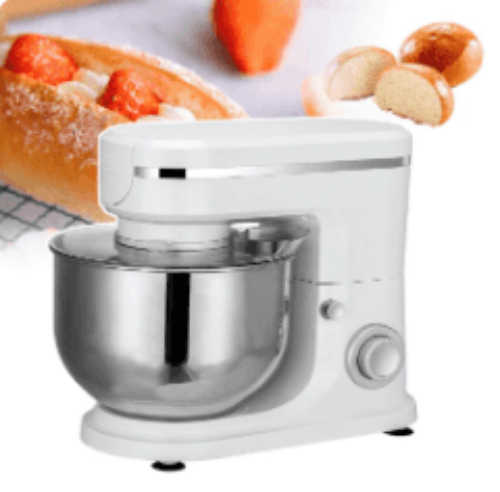 Close-up of an electric stand mixer blending batter in a sleek, metallic bowl.