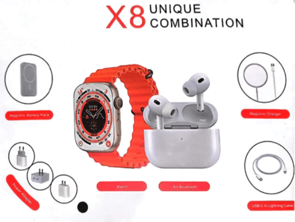 X8 smartwatch display showing fitness tracking and time