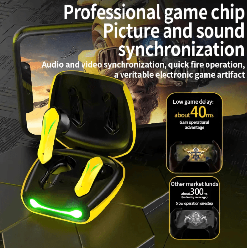 Wireless gaming earbuds with LED lighting and charging case