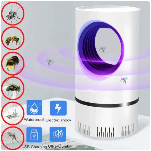 Mosquito killer device with illustrations of insects and features on a white background