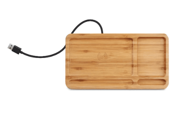Sustainable Bamboo Wood Wireless Charger featuring USB-powered Qi charging pad and organized tray layout for everyday essentials.