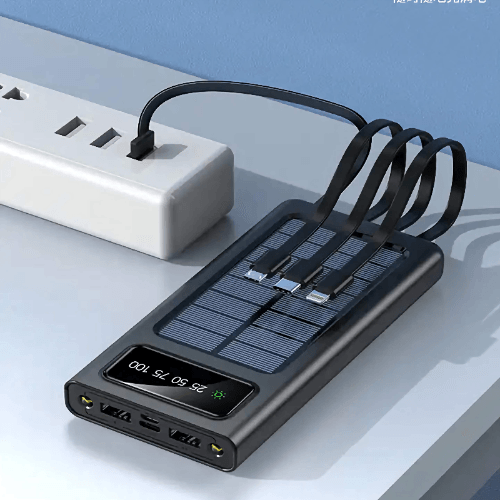 A solar power bank with a built-in cable being charged via a USB connection
