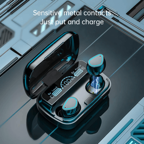M30 TWS earphones displayed in charging case with battery indicators