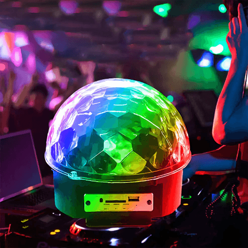 LED magic ball light creating dynamic lighting effects in a dark room