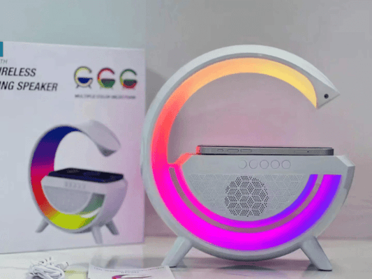 Multifunctional LED Wireless Charger Speaker displaying colorful lights while charging device