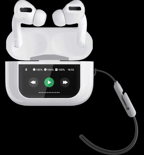 Compact LED display earbuds placed in open charging case