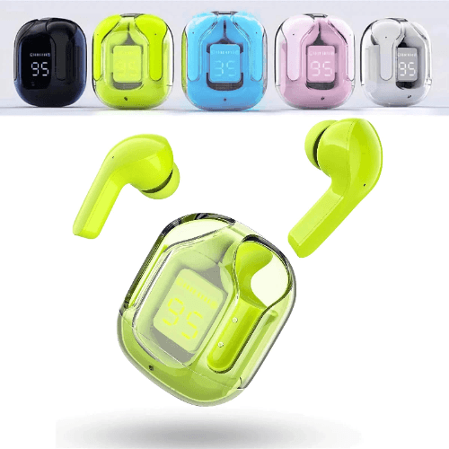 A set of wireless earphones in various colors including black, blue, pink, green, and white, with a charging case.
