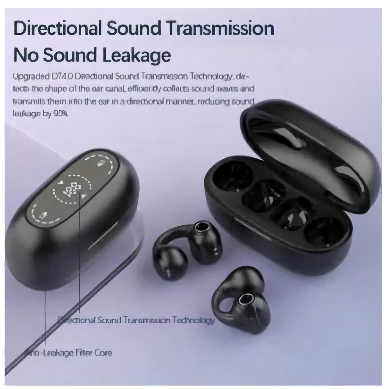 Black Calus CW10 Wireless Earbuds with case, showcasing directional sound technology for reduced noise leakage and better audio clarity.