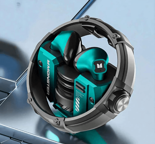 Monster XKT10 Wireless Earbuds in a gyroscope-inspired charging case with dual LED RGB lights, in a color green with black and silver accents.