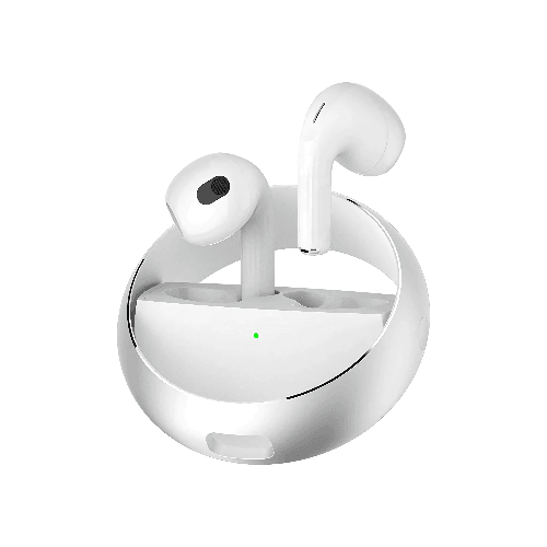 A pair of white wireless earbuds with a charging case.
