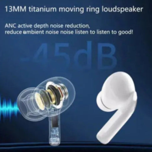 Close-up of LED display earbuds with ergonomic in-ear design
