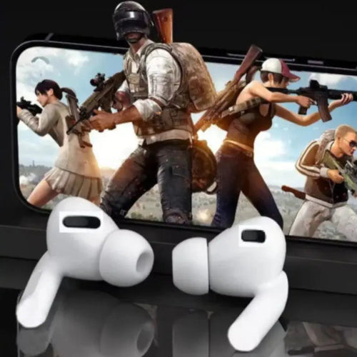 White wireless earbuds with a smartphone displaying a gaming scene in the background.
