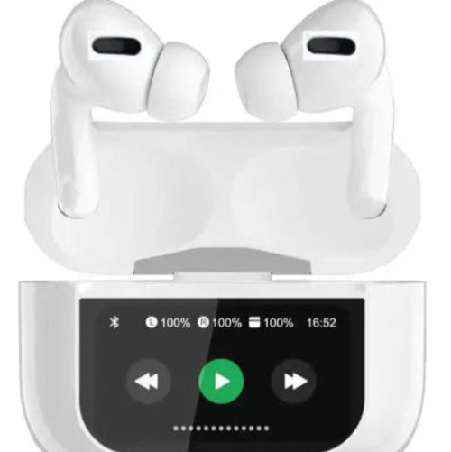 Pair of LED display wireless earbuds next to smartphone