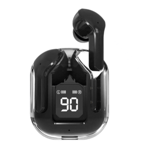 T6 Crystal Wireless Earphones in sleek black design with charging case