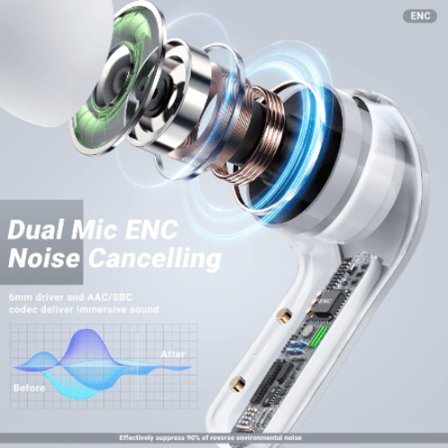 T6 Crystal Earbuds inside compact magnetic charging case with LED indicators
