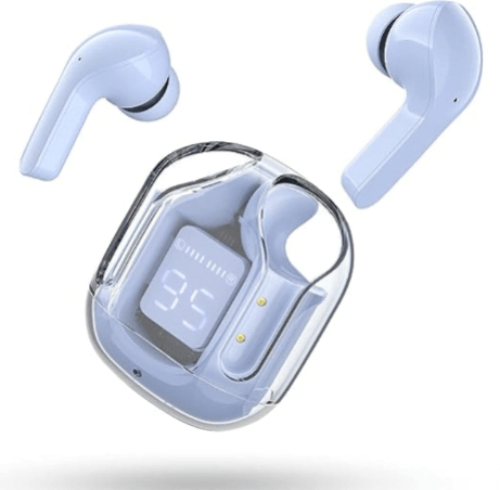 A set of wireless earphones in various colors including black, blue, pink, green, and white, with a charging case.
