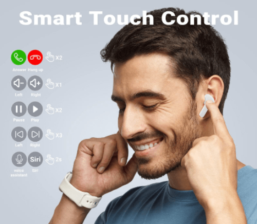 A man wearing T6 Crystal Wireless Earphones with ergonomic in-ear fit