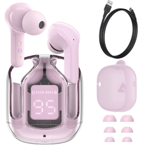 wireless earphones pink color with a charging case.