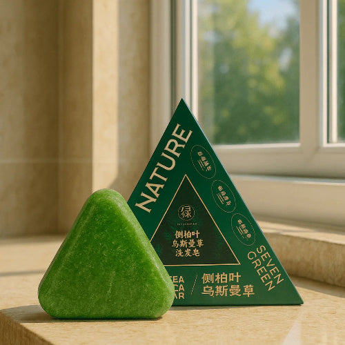 Green triangular soap and packaging on a wooden surface with a window in the background