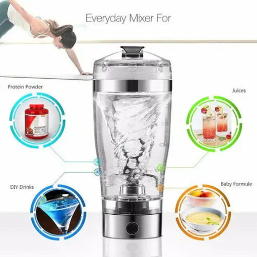 Electric Protein Shake Stirrer Charging Cup shown mixing clear liquid, suitable for sports nutrition, baby formula, juices, and DIY beverages.