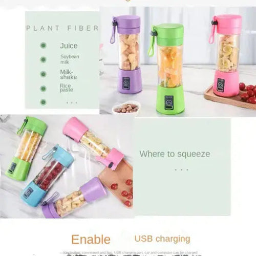 Colorful portable blenders with ingredients and text on plant fiber and USB charging.