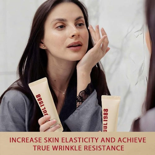 Woman holding skincare product with text about skin elasticity and wrinkle resistance.