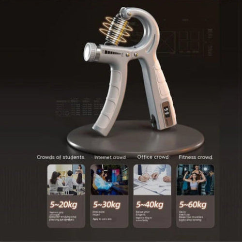 Pair of spring-loaded hand grips with ergonomic handles, ideal for fitness and rehabilitation exercises.