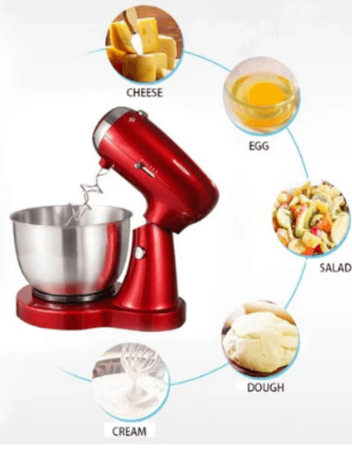 Stainless steel electric stand mixer with dough hook and large mixing bowl on countertop