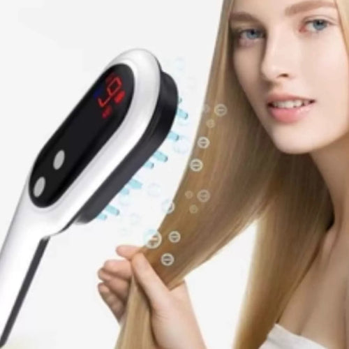Woman using a hair device with a digital display on a white background