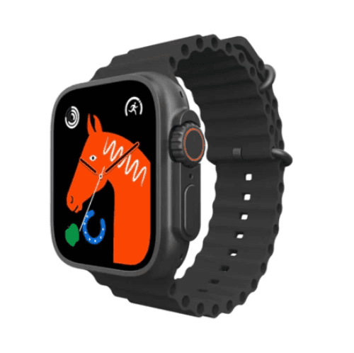 A digital smartwatch with a black band and black case, displaying a colorful interface on the screen.