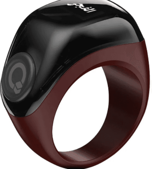 smart Zikr ring with LED display for digital prayer counting, used for Islamic dhikr.