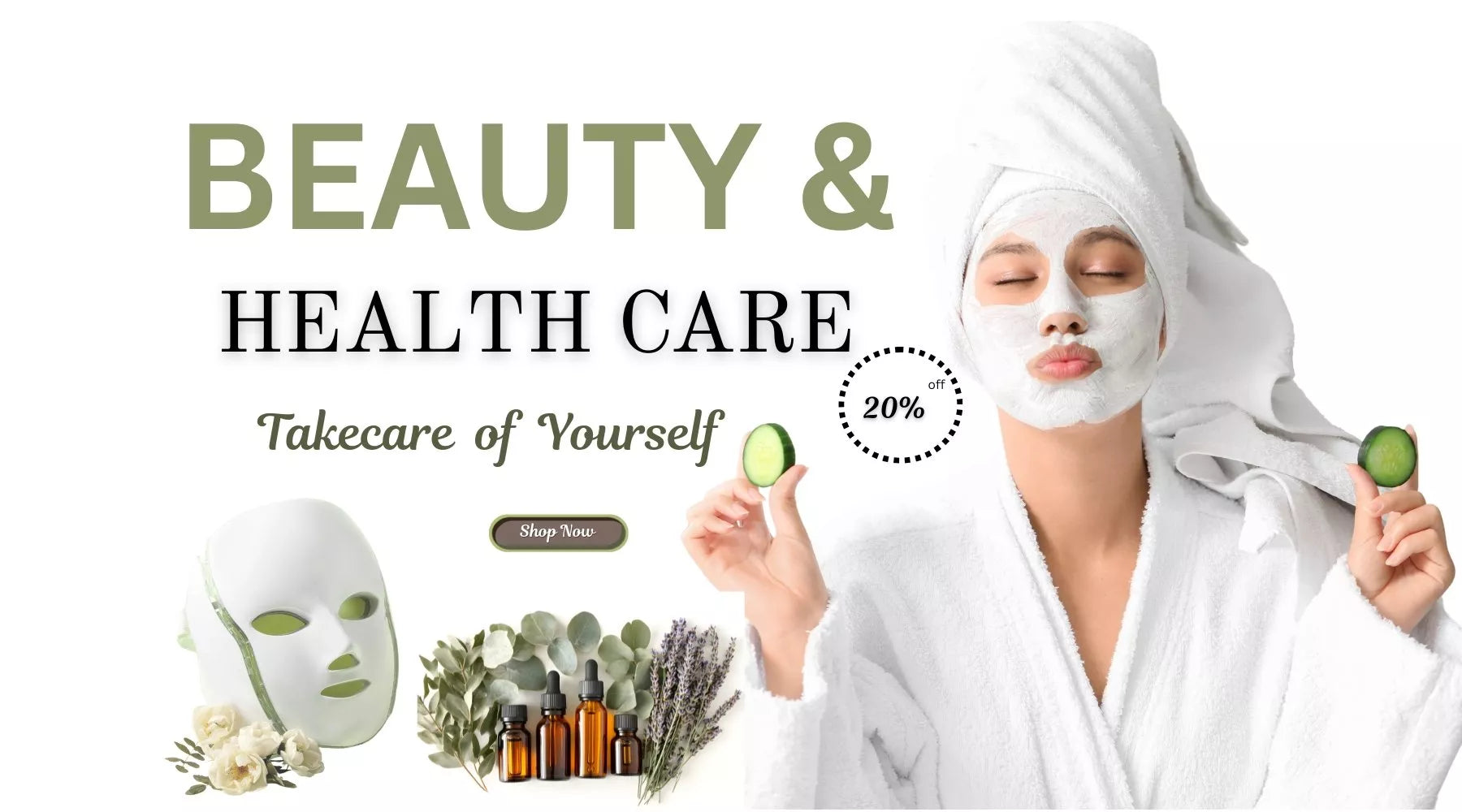 Woman wearing a facial mask with beauty and health care products on a white background